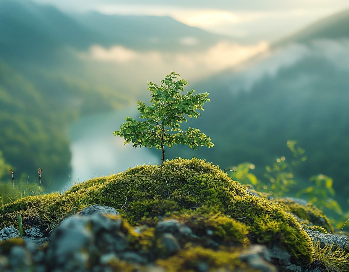 Lone,Sapling,Thriving,On,Misty,Mountain,Overlook